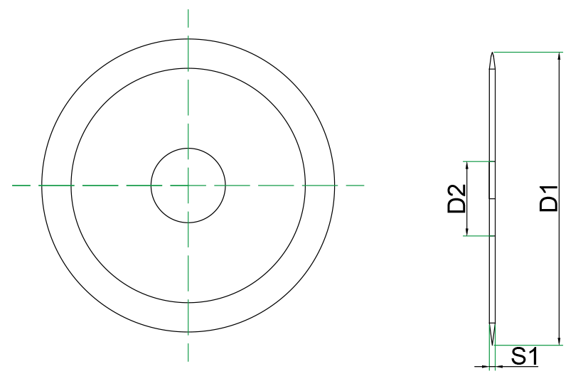 Flat circular slitter blade dimension drawing showing outside diameter D1, inside diameter D2, and thickness S1