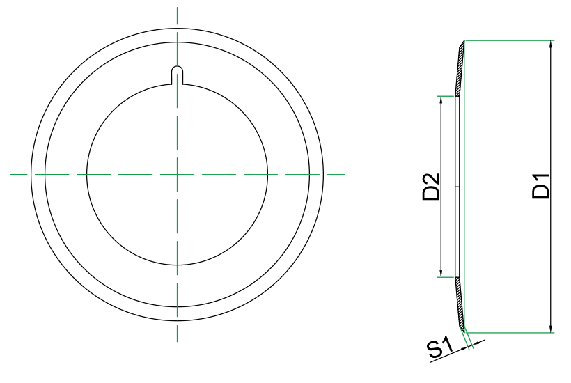 Round slitting blade dimension drawing showing outside diameter D1, inside diameter D2, and thickness S1